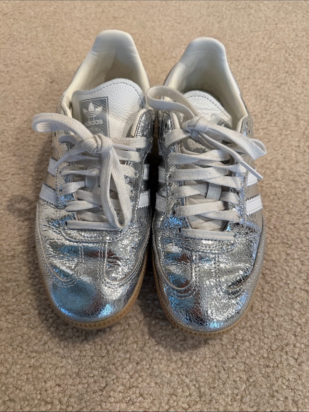 adidas Silver Metallic Low-Top Sneakers with White Stripes